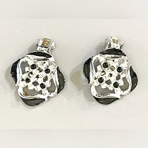3/$18 Black Enamel Ornate Clip Earrings Silver Tone Flower Art Nouveau Onyx